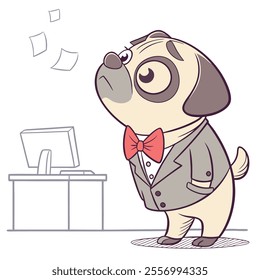 A dapper pug in a suit and bow tie looks at floating papers.