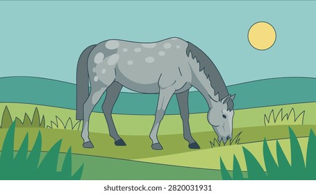 Dapple grey horse grazing peacefully on fresh green grass in a countryside meadow under a bright yellow sun.