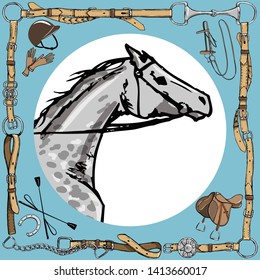 Dapple grey horse snout in leather belt frame. English equestrian sport style with bit, bridle, saddle, helmet, gloves, whip. Equine vector hand drawn vintage art like silk scarf.