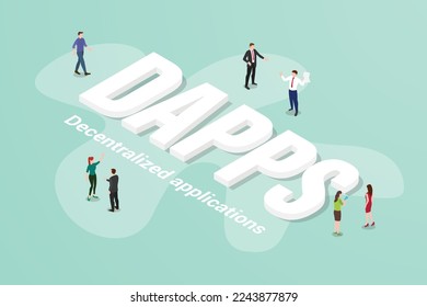 dapps decentralized applications concept big text word and people around with modern isometric style