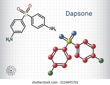 Dapsona, diaminodifenil sulfona, molécula DDS. Es antibiótico sulfona. Fórmula química estructural, modelo molécula. Hoja de papel en una jaula. Ilustración del vector