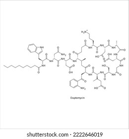 Daptomycin flat skeletal molecular structure Lipopeptide antibiotic drug used in treatment. Vector illustration.