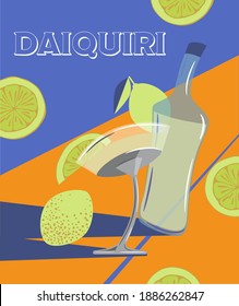 Daquiri cocktail vector illustration with a bottle, a glass and limes
