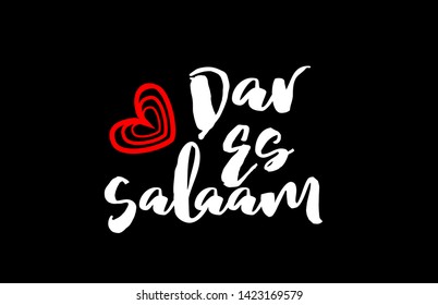 Dar Es Salaam city text with red love heart design on black background for typographic logo icon design