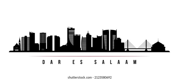 Dar es Salaam skyline horizontal banner. Black and white silhouette of Dar es Salaam, Tanzania. Vector template for your design. 