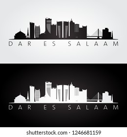 Dar es Salaam skyline and landmarks silhouette, black and white design, vector illustration.