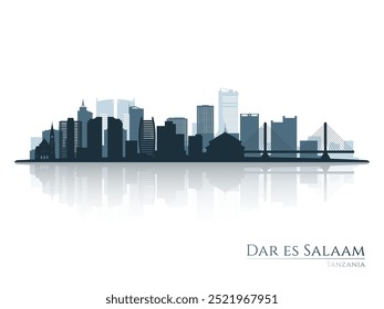 Silueta del horizonte de Dar es Salaam con reflejo. Paisaje Dar es Salaam, Tanzania. Ilustración vectorial.