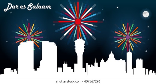 Dar es Salaam skyline silhouette, dark night sky with fireworks vector design