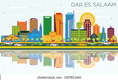 Dar Es Salaam Tansania City Skyline mit Farbbauten, blauem Himmel und Spiegelungen. Vektorgrafik. Business Travel and Tourism Konzept mit moderner Architektur.