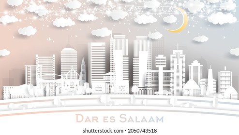 Dar Es Salaam Tansania City Skyline im Stil von Paper Cut mit weißen Gebäuden, Mond und Neon Garland. Vektorgrafik. Konzept für Reisen und Tourismus. Dar Es Salaam Stadtlandschaft mit Sehenswürdigkeiten.