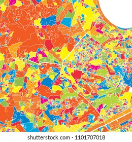 Dar es Salaam, Tanzania, colorful vector map.  White streets, railways and water. Bright colored landmark shapes. Art print pattern.