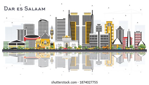 Dar Es Salaam Tanzania Skyline with Color Buildings and Reflections Isolated on White Background. Vector Illustration. Business Travel and Tourism Concept with Modern Architecture.