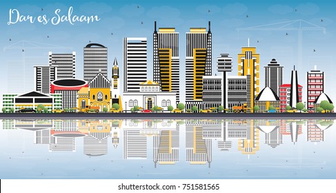 Dar Es Salaam Tanzania Skyline with Color Buildings, Blue Sky and Reflections. Vector Illustration. Business Travel and Tourism Concept with Modern Architecture.