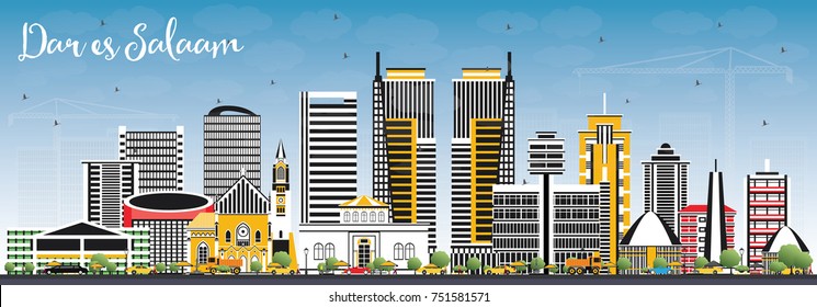 Dar Es Salaam Tanzania Skyline with Color Buildings and Blue Sky. Vector Illustration. Business Travel and Tourism Concept with Modern Architecture.