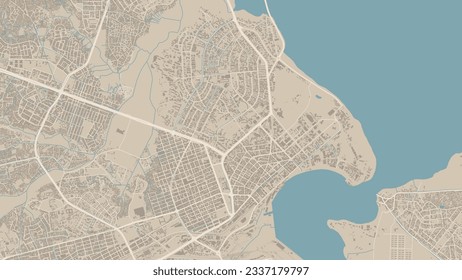 Dar es Salaam, Tanzania, vector map. Detailed map of Dar es Salaam city administrative area. Cityscape panorama. Royalty free vector illustration. Outline map with buildings, water, forest.