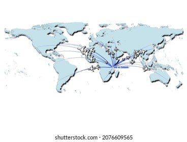 Dar es Salaam-Tanzania in concept vector illustration, map showing flights from Dar es Salaam-Tanzania to major cities around the world.