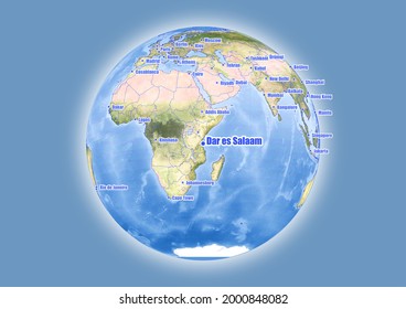 Dar es Salaam-Tanzania is shown on vector globe map. The map shows Dar es Salaam-Tanzania 's location in the world.