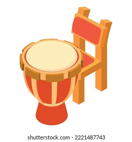 Darbuka icon isometric vector. Percussion musical instrument near wooden chair. Music and art concept