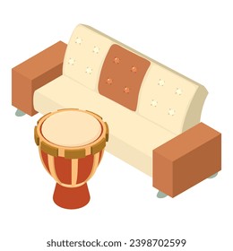 Darbuka icon isometric vector. Percussion music instrument near upholstered sofa. Music concept