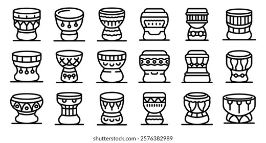  Darbuka icons set. African drum icons showing traditional instruments making music and celebrating culture