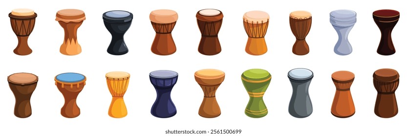 Darbuka icons set. Colorful goblet drums showcasing different cultural influences and musical styles