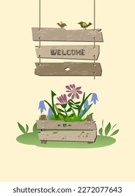 Darden flower bed and welcome signboard. Sweet garden card, print or poster.  A simple construction of boards and ropes.  Flat vector illustration. 