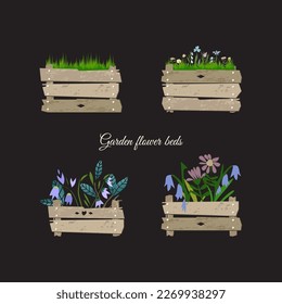 Darden flower beds. Sweet garden card, print or poster.  Vector illustration. 