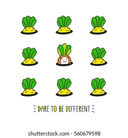 Dare to be different. Baby carrot in the garden. Concept of the difference. Cute hand drawn card with funny character. Cartoon style vector illustration perfect for kids design.