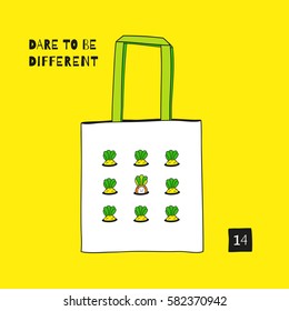 Dare To Be Different. Baby Carrot In The Garden. Concept Of The Difference. Tote Canvas Bag Design. Fashion Textile Prints For Kids. Set Of Hand Drawn Vector Elements.