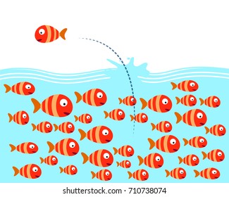 Dare to be different concept, Fearless concept, Confident concept. Group of fish illustration vector eps 10.