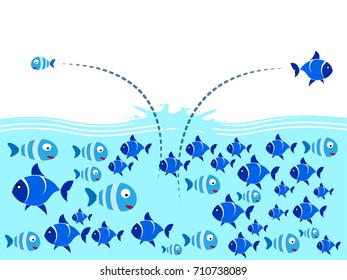 Dare to be different concept, Fearless concept, Confident concept. Group of fish illustration vector eps 10.