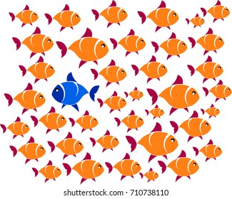 Dare To Be Different Concept, Fearless Concept, Confident Concept. Group Of Fish Illustration Vector Eps 10.