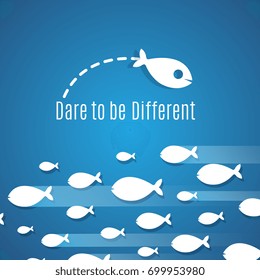 Dare to be different success solution vector concept with small fishes group. Illustration of individual leadership, inventive and fearless