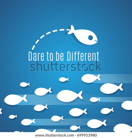Dare to be different success solution vector concept with small fishes group. Illustration of individual leadership, inventive and fearless