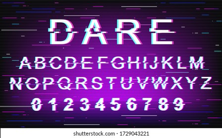 Dare glitch font template. Retro futuristic style vector alphabet set on violet background. Capital letters, numbers and symbols. Encouraging message typeface design with distortion effect