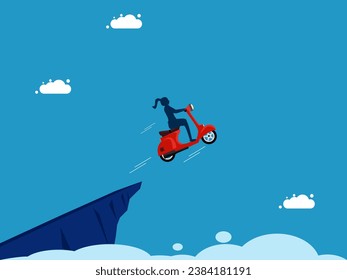 Dare to go forward. businesswoman drives a motorcycle and jumps off a cliff