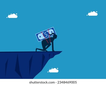Dare to invest with risk. Businesswoman with banknotes getting ready to jump from a high cliff 