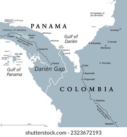 Darien Gap, gray political map. Region in the Isthmus of Panama, connecting North and South America with Central America. The gap is in the Pan-American Highway of which a part were not built.