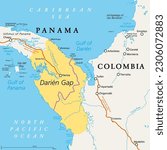 Darien Gap, political map. Geographical region in the Isthmus of Panama, connecting North and South America with Central America. The gap is in the Pan-American Highway of which a part were not built.