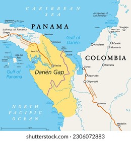 Darien Gap, mapa político. Región geográfica en el Istmo de Panamá, conectando América del Norte y del Sur con Centroamérica. La brecha está en la Carretera Panamericana, de la que no se construyó una parte.