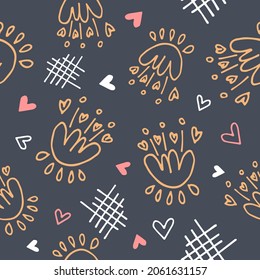 Daring explosive vector pattern in an abstract style. Flowers in the form of a yellow outline, red and white hearts and grids on a contrasting dark background will be the perfect universal pattern