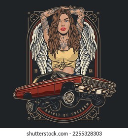 Daring lowrider girl flyer colorful high suspension car for lowriding competition and beautiful cool woman with angel wings vector illustration