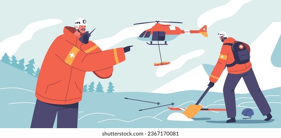In A Daring Mountain Rescue, A Helicopter Lifts An Injured Person To Safety. Male Hero Characters In The Sky
