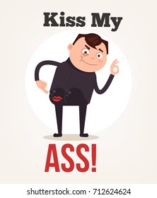 Daring office worker man character showing kiss my ass. Vector flat cartoon illustration