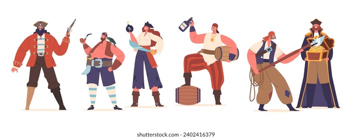 Caracteres piratas atrevidos con parches de ojos, espadas, rum y tesoros, armas, pierna de madera y arma. Bucaneros de caricatura