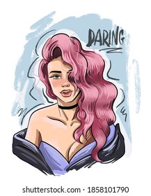 Daring slogan. Hand drawn beautiful young woman with mulberry hair. Fashion woman look. Sketch. Vector illustration