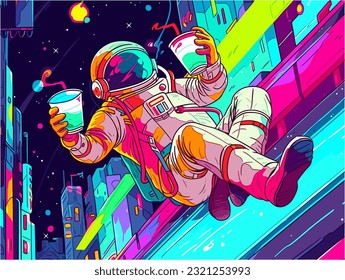 A daring spaceman drinking coffee from a futuristic mug while floating in space