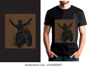A daring t-shirt design featuring a biker performing a wheelie, set against vertical green and red stripes, creating an intense and vibrant visual impact.