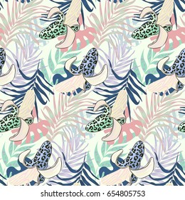 
Daring, wild, evocative, bright, memorable, fashionable, trendy, vector pattern seamless with leopard bananas and pineapples and other tropical plants.