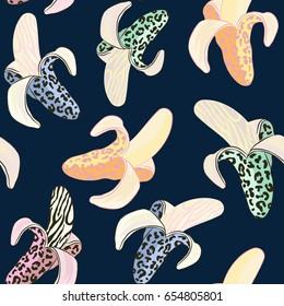
Daring, wild, evocative, bright, memorable, fashionable, trendy, vector pattern seamless with leopard bananas and pineapples and other tropical plants.